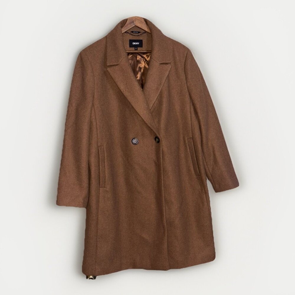 DKNY Camel Brown Fashion Faux Wool Notched Lapel Fully Lined Coat 2XL NWT